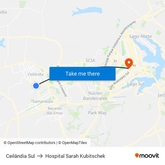 Ceilândia Sul to Hospital Sarah Kubitschek map