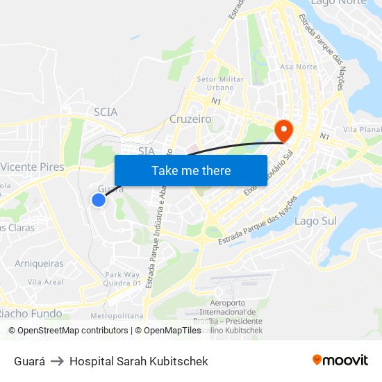 Guará to Hospital Sarah Kubitschek map