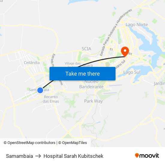 Samambaia to Hospital Sarah Kubitschek map