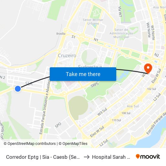 Corredor Eptg | Sia - Caesb (Sentido Taguatinga) to Hospital Sarah Kubitschek map