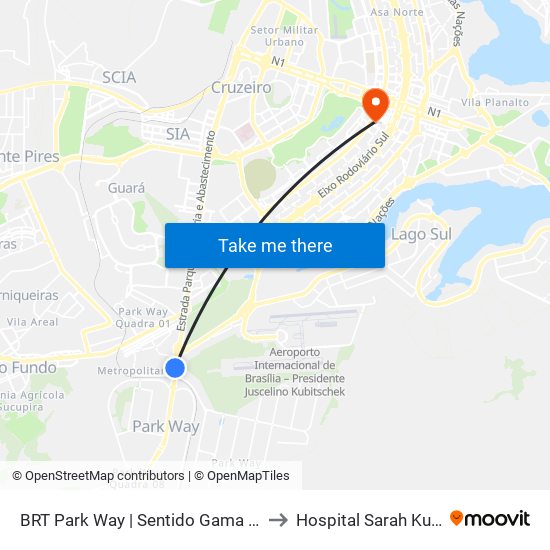 BRT Park Way | Sentido Gama / Santa Maria to Hospital Sarah Kubitschek map