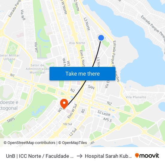 UnB | ICC Norte / Faculdade de Direito to Hospital Sarah Kubitschek map