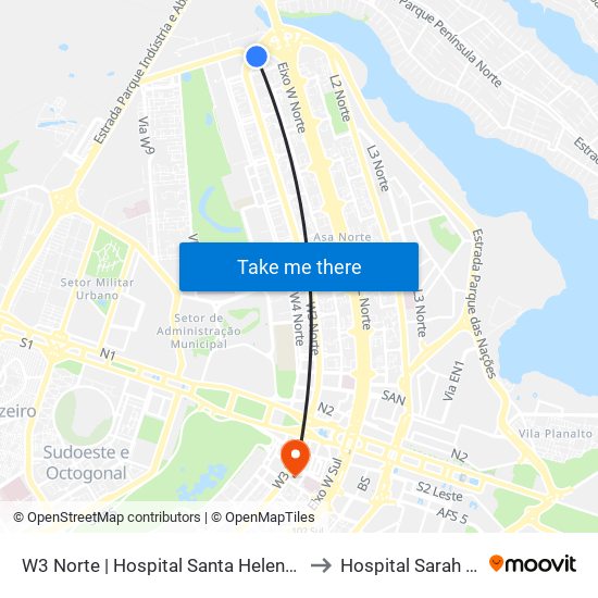 W3 Norte | Hospital Santa Helena / Santa Lúcia Norte to Hospital Sarah Kubitschek map