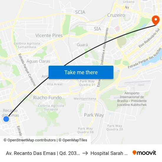 Av. Recanto Das Emas | Qd. 203 (Igreja Universal) to Hospital Sarah Kubitschek map