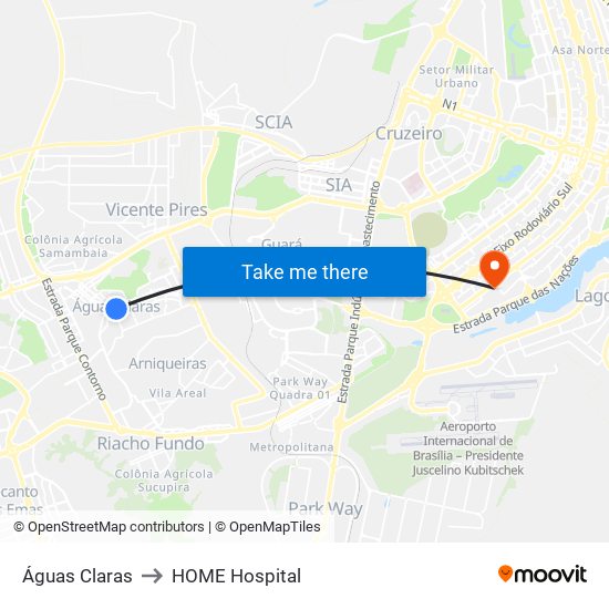 Águas Claras to HOME Hospital map