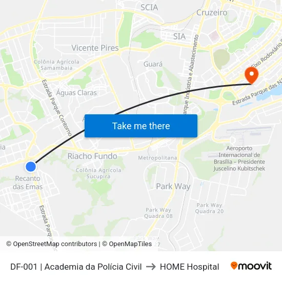 DF-001 | Academia da Polícia Civil to HOME Hospital map
