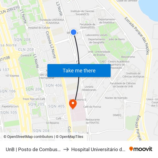 UnB | Posto de Combustíveis / Subway to Hospital Universitário de Brasília (HUB) map