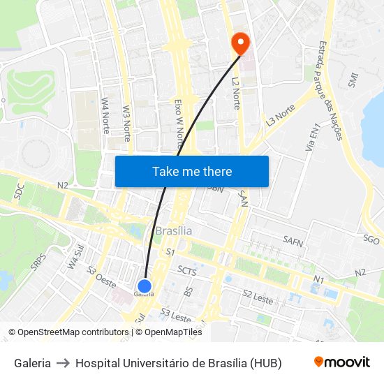 Galeria to Hospital Universitário de Brasília (HUB) map