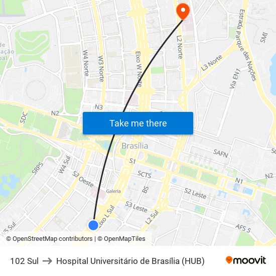 102 Sul to Hospital Universitário de Brasília (HUB) map