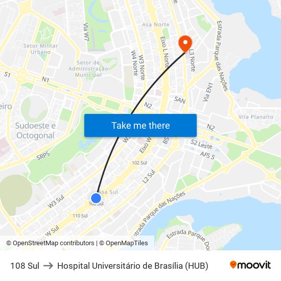 108 Sul to Hospital Universitário de Brasília (HUB) map