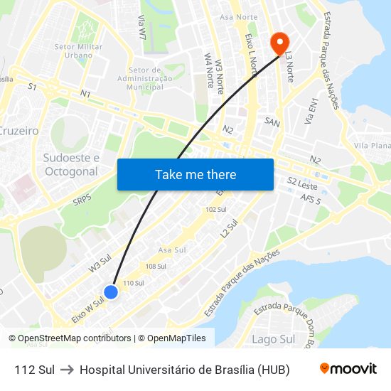 112 Sul to Hospital Universitário de Brasília (HUB) map