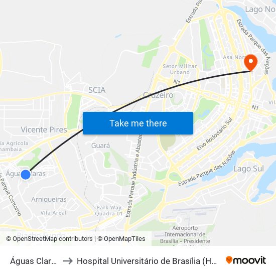 Águas Claras to Hospital Universitário de Brasília (HUB) map