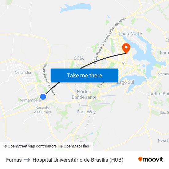 Furnas to Hospital Universitário de Brasília (HUB) map