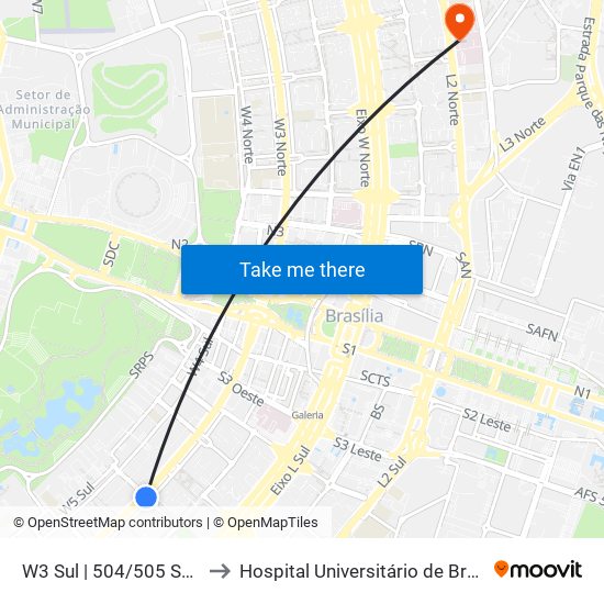 W3 Sul | 504/505 Sul (SESC) to Hospital Universitário de Brasília (HUB) map