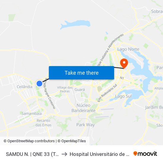 SAMDU N. | QNE 33 (Taguacenter) to Hospital Universitário de Brasília (HUB) map
