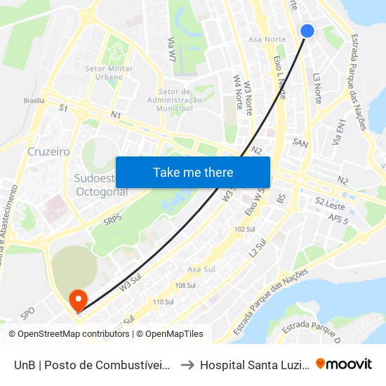UnB | Posto de Combustíveis / Subway to Hospital Santa Luzia (HSL) map