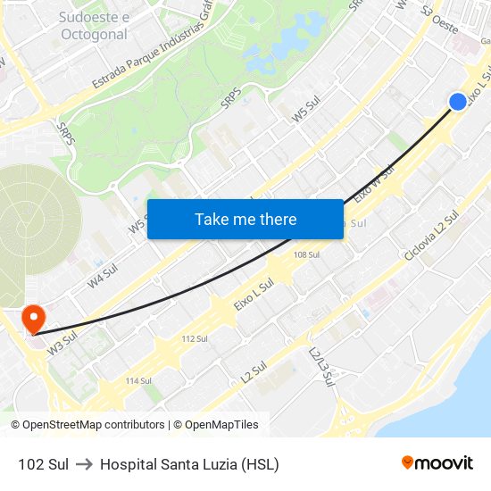 102 Sul to Hospital Santa Luzia (HSL) map