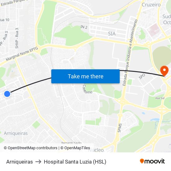 Arniqueiras to Hospital Santa Luzia (HSL) map