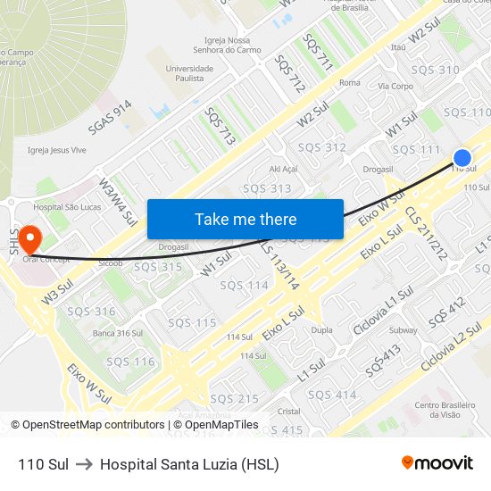 110 Sul to Hospital Santa Luzia (HSL) map