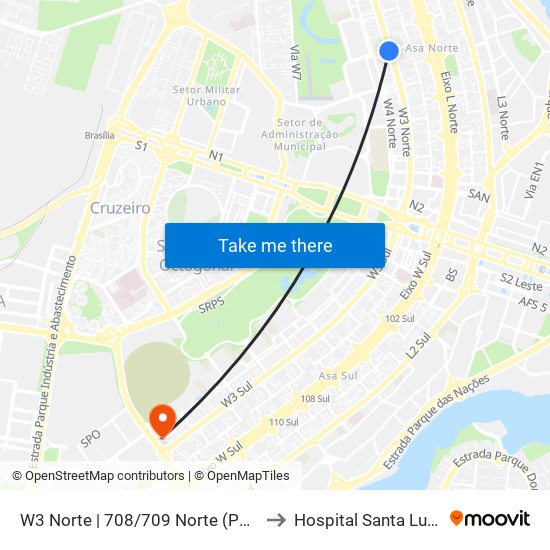 W3 Norte | 708/709 Norte (Pão de Açúcar) to Hospital Santa Luzia (HSL) map