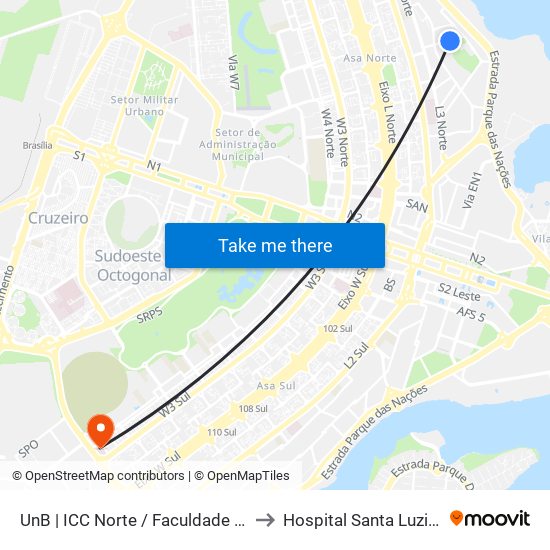 UnB | ICC Norte / Faculdade de Direito to Hospital Santa Luzia (HSL) map