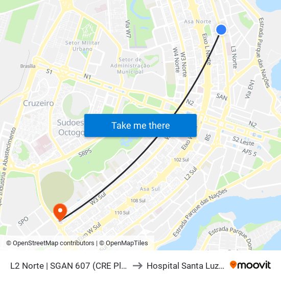 L2 Norte | SGAN 607 (CRE Plano Piloto) to Hospital Santa Luzia (HSL) map