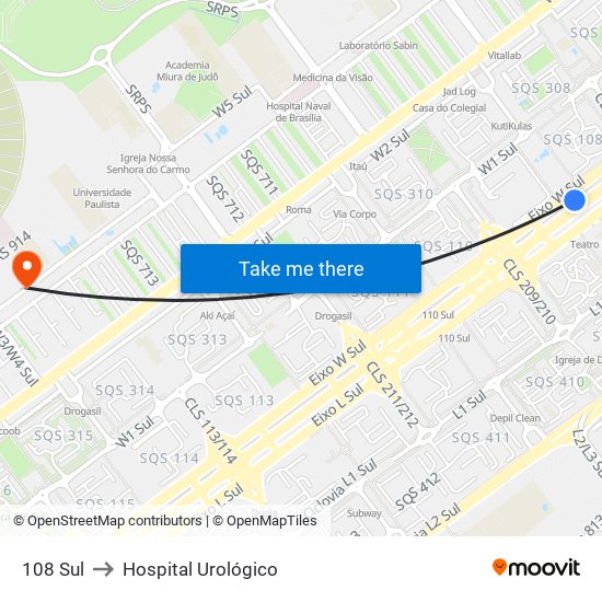 108 Sul to Hospital Urológico map