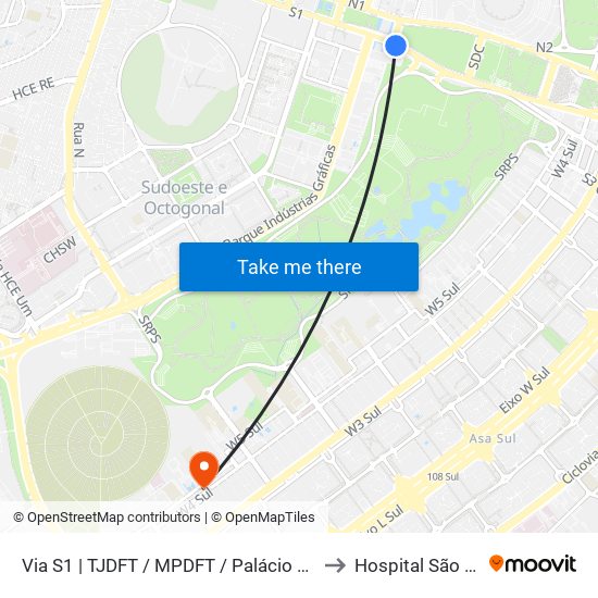 Via S1 | TJDFT / MPDFT / Palácio do Buriti to Hospital São Braz map