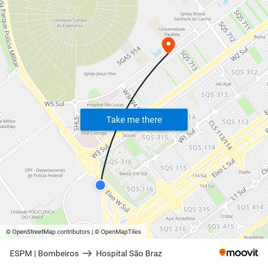 ESPM | Bombeiros to Hospital São Braz map