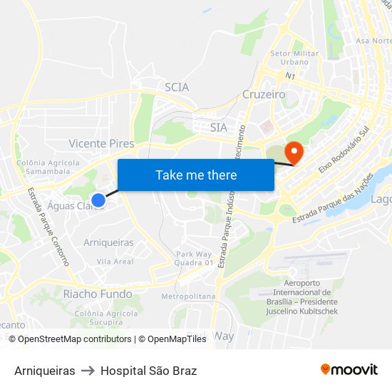 Arniqueiras to Hospital São Braz map