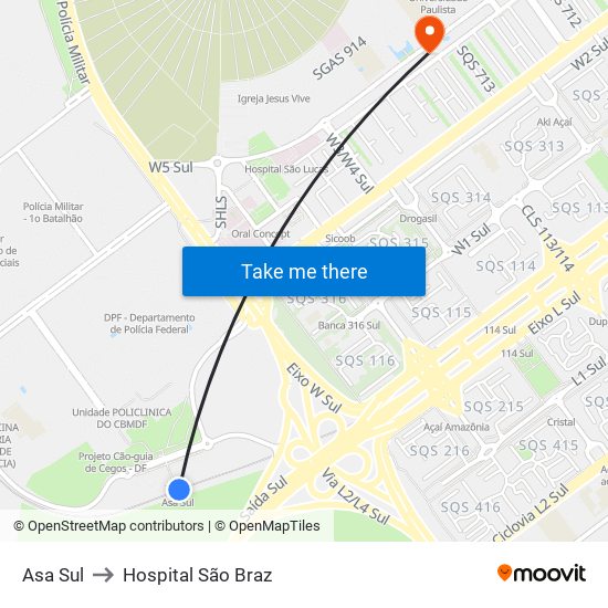Asa Sul to Hospital São Braz map