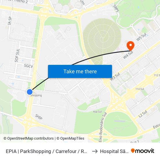 EPIA | ParkShopping / Carrefour / Rod. Interestadual to Hospital São Braz map