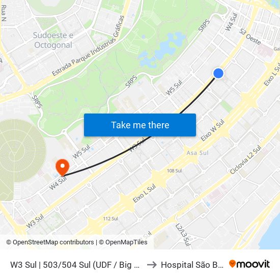 W3 Sul | 503/504 Sul (UDF / Big Box) to Hospital São Braz map