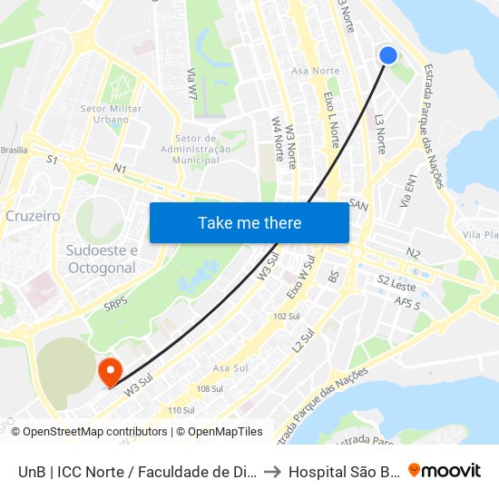 UnB | ICC Norte / Faculdade de Direito to Hospital São Braz map