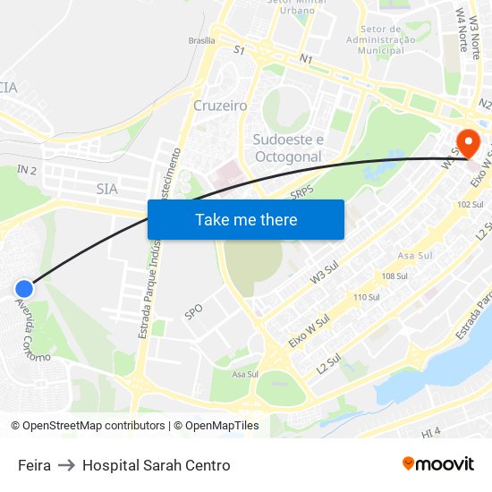 Feira to Hospital Sarah Centro map