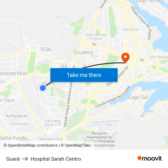 Guará to Hospital Sarah Centro map