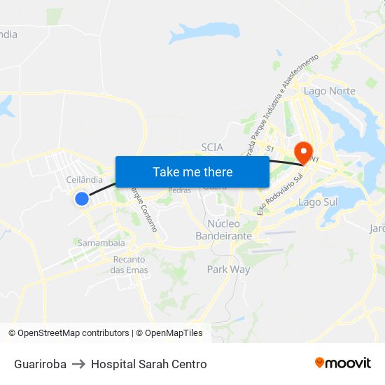 Guariroba to Hospital Sarah Centro map