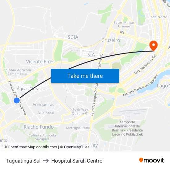 Taguatinga Sul to Hospital Sarah Centro map