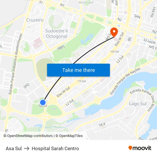 Asa Sul to Hospital Sarah Centro map
