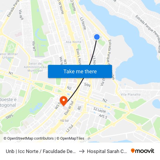 UnB | ICC Norte / Faculdade de Direito to Hospital Sarah Centro map