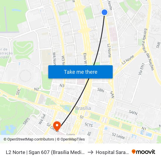 L2 Norte | SGAN 607 (CRE Plano Piloto) to Hospital Sarah Centro map