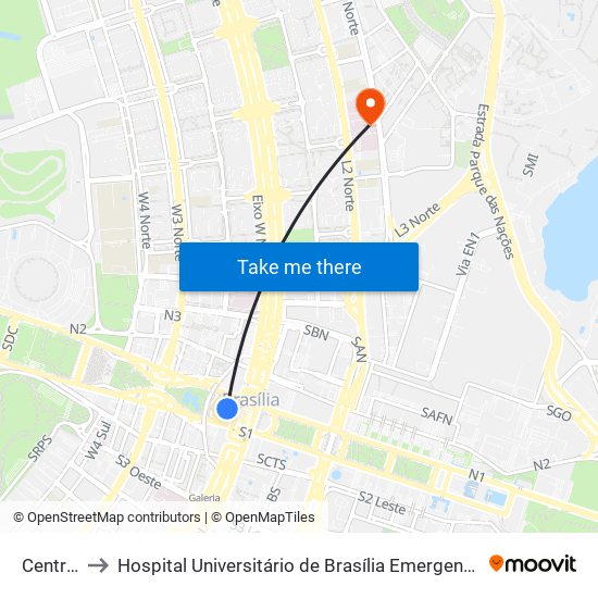 Central to Hospital Universitário de Brasília Emergencia map