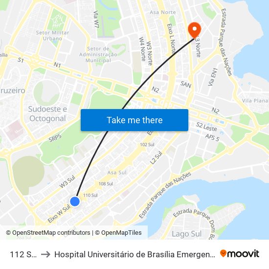 112 Sul to Hospital Universitário de Brasília Emergencia map