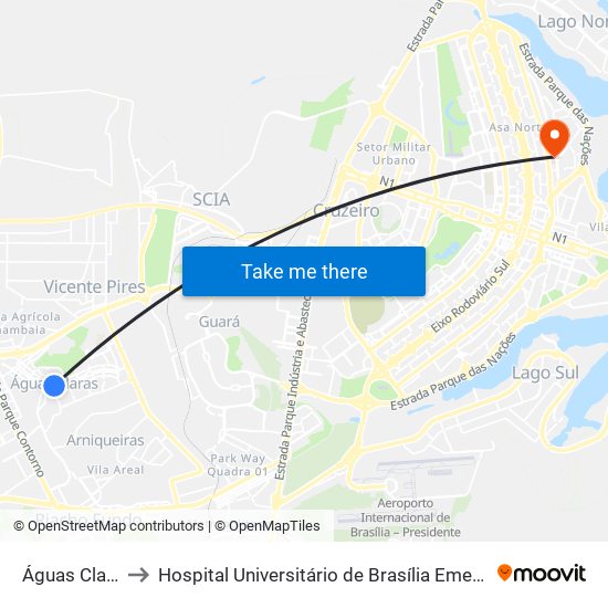 Águas Claras to Hospital Universitário de Brasília Emergencia map