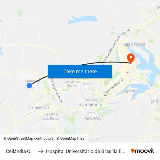 Ceilândia Centro to Hospital Universitário de Brasília Emergencia map