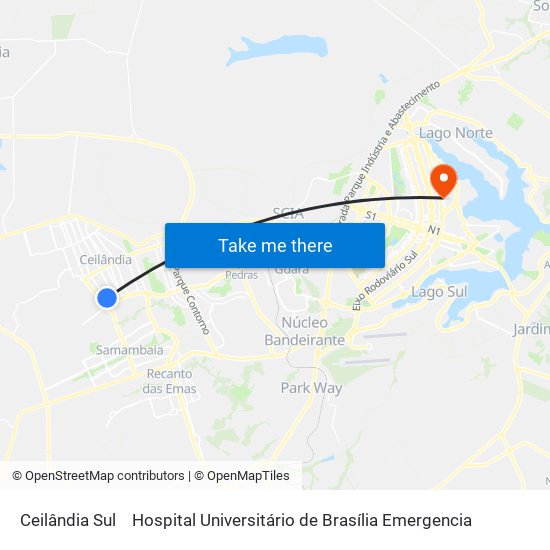 Ceilândia Sul to Hospital Universitário de Brasília Emergencia map