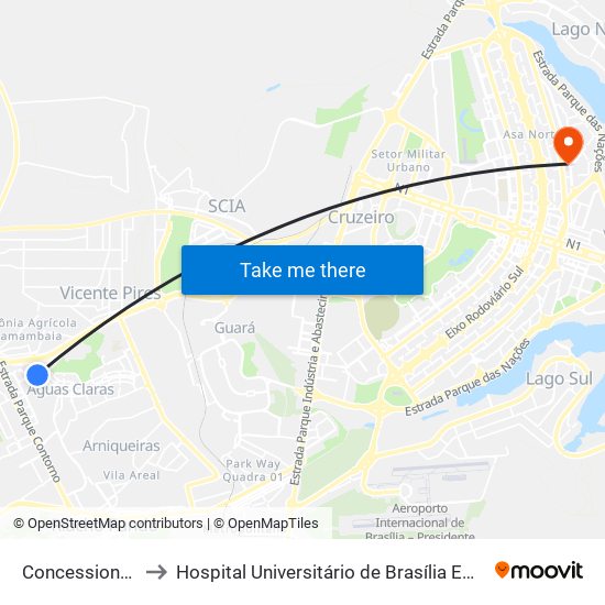 Concessionárias to Hospital Universitário de Brasília Emergencia map