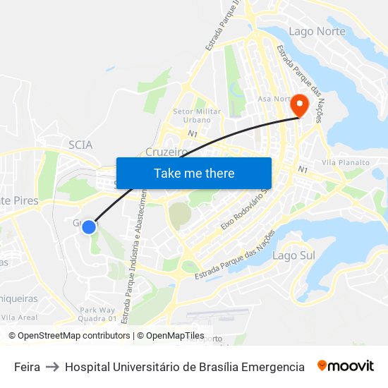 Feira to Hospital Universitário de Brasília Emergencia map