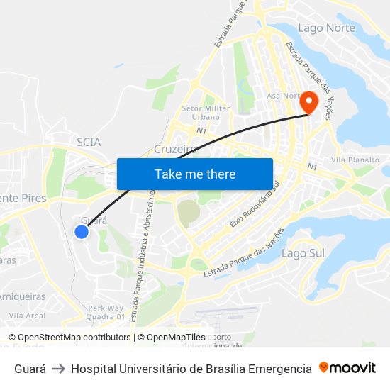 Guará to Hospital Universitário de Brasília Emergencia map