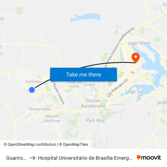 Guariroba to Hospital Universitário de Brasília Emergencia map